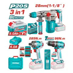 TOTAL TOOLS - Kit Taladro 96Nm + Atornillador 285nm y Rotomartillo Inalámbrico Total