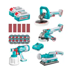 TOTAL TOOLS - Kit Inalámbrico Esmeril 115mm + Pulidora + Lijadora + Pistola de Pintar + Acc Total