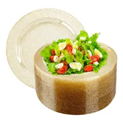 KUANGYE - 25 Elegantes Platos Plástico Duro Transparente con Brillos Dorados,25cm,Resistentes y Reutilizables.