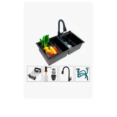GENERICO - Lavaplatos 78x43cm Beiti Con Llave 2 Modos Accesorios Negro De Sobremesada Con Desague