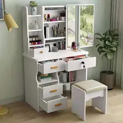 COZYNOOK - Tocador Con Taburete Blanco Y Espejo Giratorio 128x80x40cm