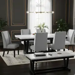 DANIELS - Set de Comedor 6 Sillas Rodeus + Mesa de Centro Mármol Blanco