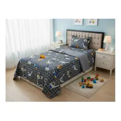 GENERICO - CUBRECAMA DE ALGODON GRIS DISEÑO SUPER CAMIONES QUILT INFANTIL 1.5 PLAZA DIANA_.