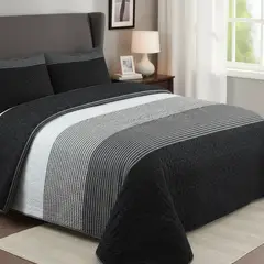 GENERICO - CUBRECAMA FEIYA 1.5 PLAZA DISEÑO NEGRO MODERNO FRANJAS GRIS ELEGANTE QUILT VERANO