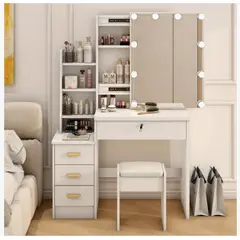 HOMER DESIGN - Tocador Con Luz Hollywood Y Taburete 100x145x40cm Multiusos