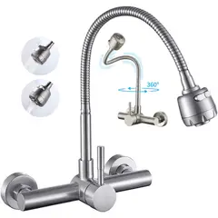 KUANGYE - Grifo de Montaje Acero Inoxidable en la Pared Llaves para Fregadero de Giratorio Flexible de 360°