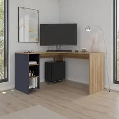 TUHOME - Escritorio En L Baggio Fresno Y Kronos Azul 765x130x130 Cm