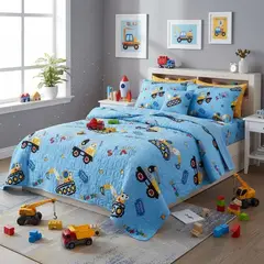 GENERICO - CUBRECAMA DE NIÑO CELESTE MAQUINAS 1.5 PLAZA ALGODON QUILT DN