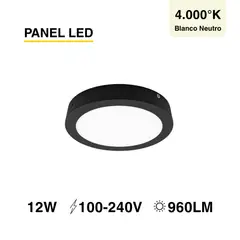 DEMASLED - Panel LED Redondo Negro 17cm 12W 820lm Blanco Neutro Sobrepuesto