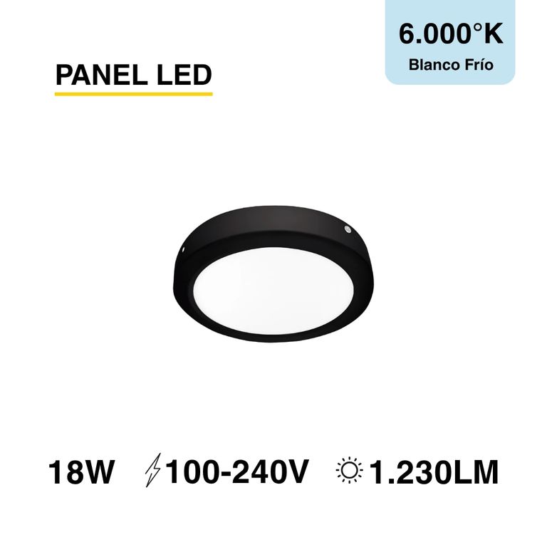 Panel LED Redondo Negro 22cm 18W 1230lm Blanco Frío Sobrepuesto