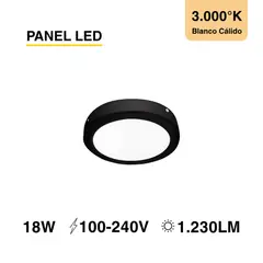 DEMASLED - Panel LED Redondo Negro 225cm 18W 1230lm Blanco Cálido Sobrepuesto