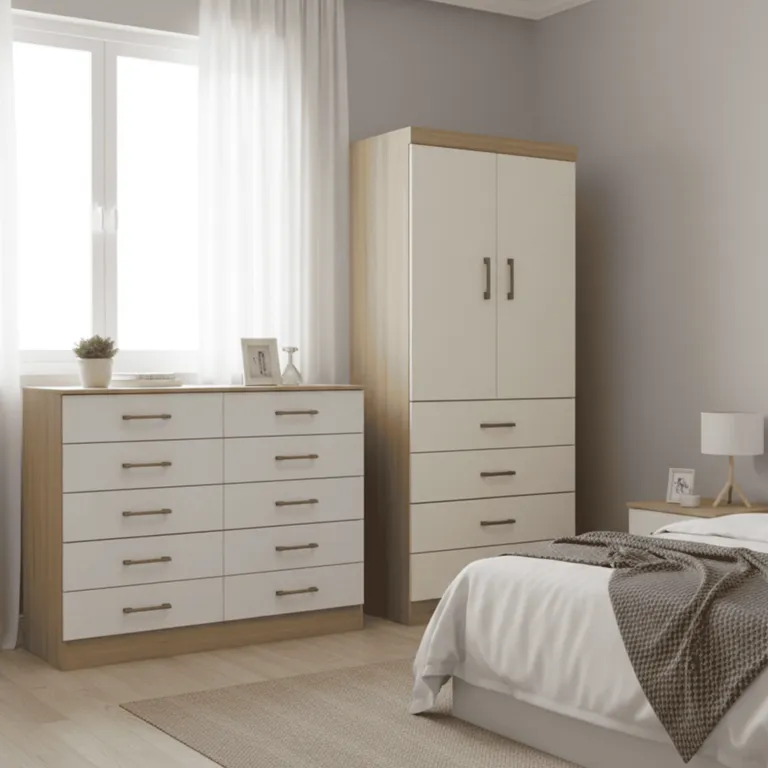 Combo Clóset 2 Puertas 4 Cajones + Cómoda 10 Cajones Café/Beige