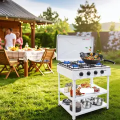 LINE - Cocina Encimera a Gas Licuado 5 Platos con Mesa Cocinilla Blanco