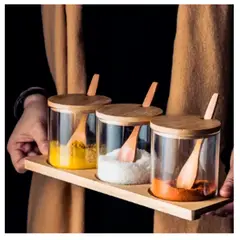 GENERICO - Frascos con Tapa de Bambu Especieros + Bandeja + Cuchara Madera