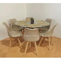 CORI CORI - Juego de Comedor Mesa Eames Vidrio 120cm + 6 Sillas Tulip
