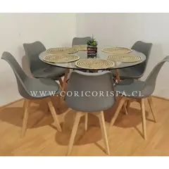 CORI CORI - Juego de Comedor Mesa Eames Vidrio 120cm + 6 Sillas Tulip