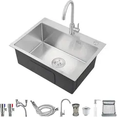 KUANGYE - Combo Lavaplato Empotrado 68x45cm Fregadero Cocina 304 Acero Inoxidable Con Rejilla+Llave