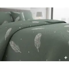 GENERICO - CUBRECAMA QUILT DE VERANO DELGADO DISEÑO VERDE PLUMAS 1.5 PLAZA 100% ALGODON