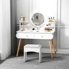 MOVI - Tocador o Mesa de Maquillaje, Espejo con Luz LED, 2 Cajones y Asiento