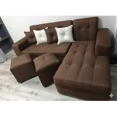 GENERICO - Sofa Seccional L 3 Cuerpos + 2 Puff Marron Lino