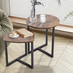 YOMYM - Set 2 Mesas auxiliares redondas y mesas auxiliares triangulares 45×45 ×48cm+42×37×40cm(marrón)