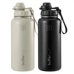 BUFFER FLASK - Termo Botella Agua Termica Set x2 Acero Inox Buffer+ 4Tapas - Negro