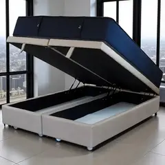 BLOCCARE - Cama Baul Super King + Colchon CIC Super Premium Ruedas Logo Con refuerzo Beige