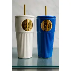 GENERICO - Vaso De Cerámica Con Tapa Y Pajilla Metálica