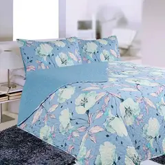 DORAL - CUBRECAMA QUILT STITCHY ESTAMPADO FLORES CELESTE Y LILA 1.5 PLAZA
