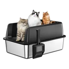 EVERSO - Arenero Gato Grande Baño Sanitario Acero Inoxidable Con Pala Negro