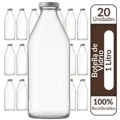 GENERICO - Botellas de Vidrio Lechera Jugos 1L 1000 ml c/Tapa - Pack 20