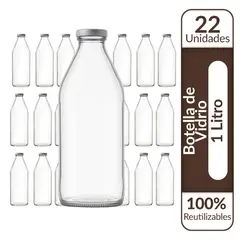 GENERICO - Botellas de Vidrio Lechera Jugos 1L 1000 ml c/Tapa - Pack 22