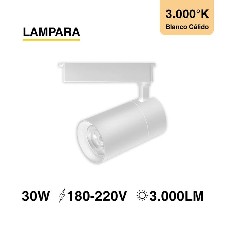 Lámpara LED Track Light de 8x15cm 30W 3000lm Blanco Cálido 220V