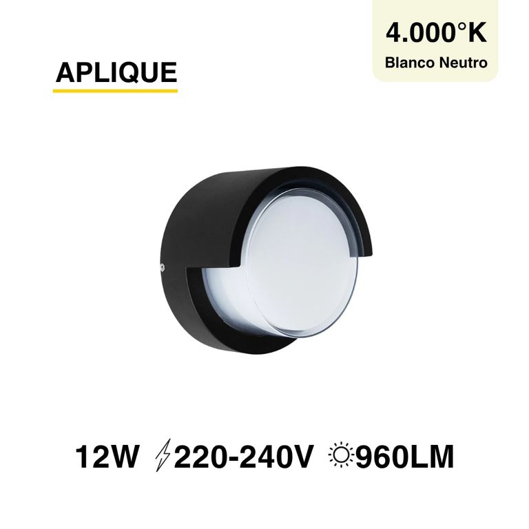 Aplique Redondo Exterior de Muro Negro 12W Blanco Neutro 4000K IP65