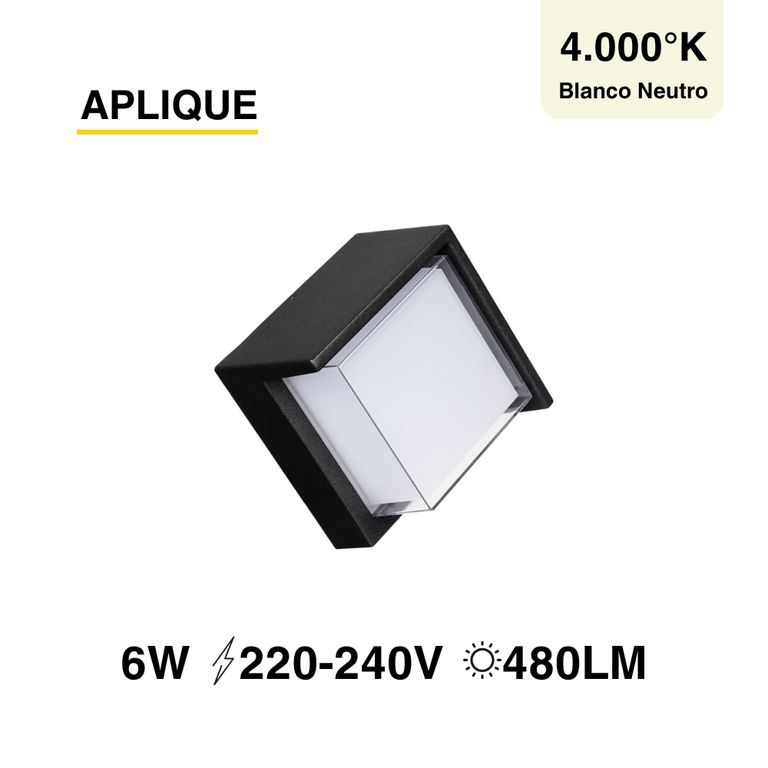 Aplique Exterior de Muro Cuadrado Negro 6W Blanco Neutro 4000K IP65
