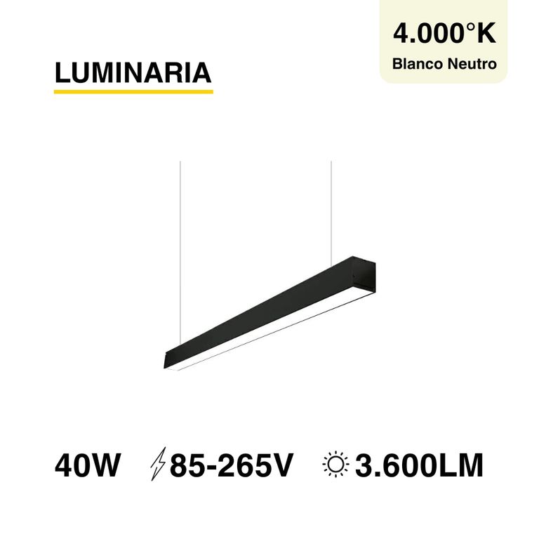 Luminaria lineal LED 40W Negro Blanco Neutro 3600lm 85-265Vac