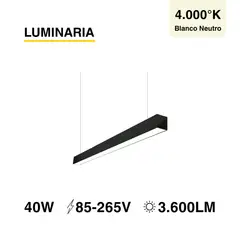 DEMASLED - Luminaria lineal LED 40W Negro Blanco Neutro 3600lm 85-265Vac
