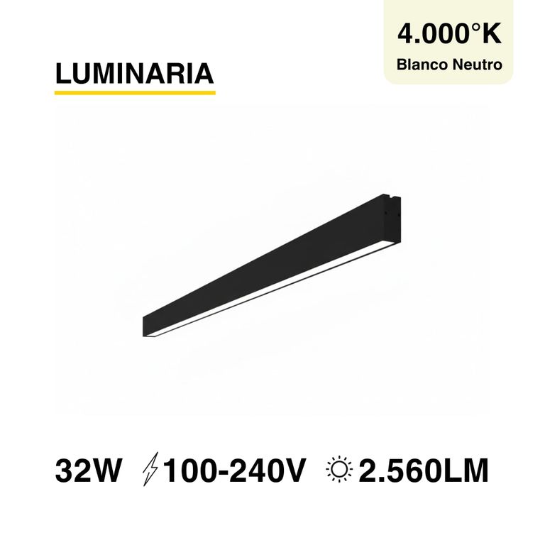 Luminaria lineal LED 32W Negro Blanco Neutro 2560lm 100-240V