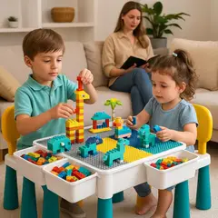 GENERICO - Mesa Didáctica Infantil con Silla y 85 Bloques tipo Lego Unisex – Multifuncional y Organizable
