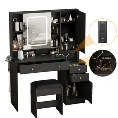 WUWAWDOGA - Tocador De Dormitorio Con Enchufes Espejo Led 4 Cajones 145*109*40cm negro