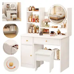 WUWAWDOGA - Tocador De Maquillaje Con Espejo Led Escritorio Con 2 Cajone 80x24x125cm Blanco