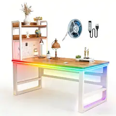 WUWAWDOGA - Escritorio Gamer L Con Estante 2 Niveles Y Tabla De Agujeros 120cm Marrón