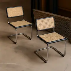 SPACE HOME - Pack x2 Sillas Breuer Negras de Madera y Ratán con Patas de Acero Reforzado