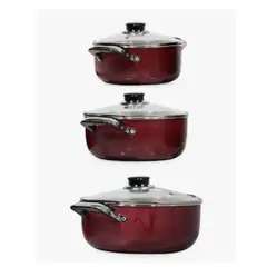 GENERICO - Set de 3 Ollas Cacerolas Color Vino con Tapa de Vidrio - Ideal para Guisos