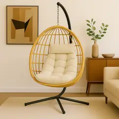 SPACE HOME - Reposera Colgante de Ratán Beige Premium para Interior y Exterior con Cojín Incluido