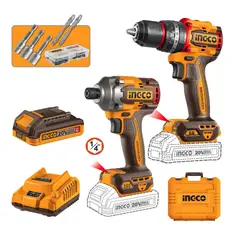 INGCO - Taladro percutor y Atornillador impacto 20V + 2 Bat y Carg