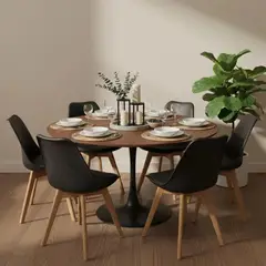 PANDALINO - Comedor Mesa Tulip 120 cm (Cubierta Efecto Madera Oscura) + 6 Sillas Tulip Negro
