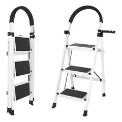 MUNDO MAGIA - Escalera De Tijera Plegable Escala 3 Peldaños Antideslizante Blanco