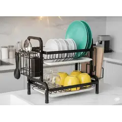GENERICO - RACK ESCURRIDOR DE PLATOS 2 NIVELES NEGRO FIERRO CROMADO CON SOPORTE PARA UTENSILIO WYM