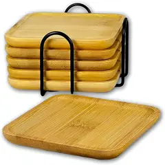WAKESHOME - Set 6 Posavasos Cuadrados de Bambú con Soporte